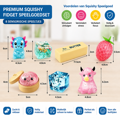 Premium Squishy Fidget Speelgoedset – 8 Sensorische Speeltjes