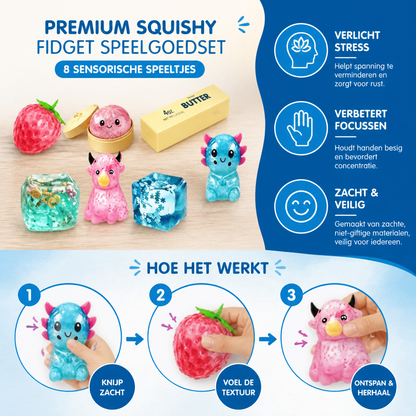 Premium Squishy Fidget Speelgoedset – 8 Sensorische Speeltjes