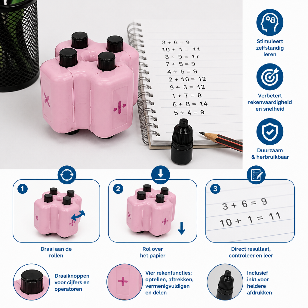 4-in-1 Rekenrollerstempel – Oefenen met Optellen, Aftrekken, Vermenigvuldigen & Delen