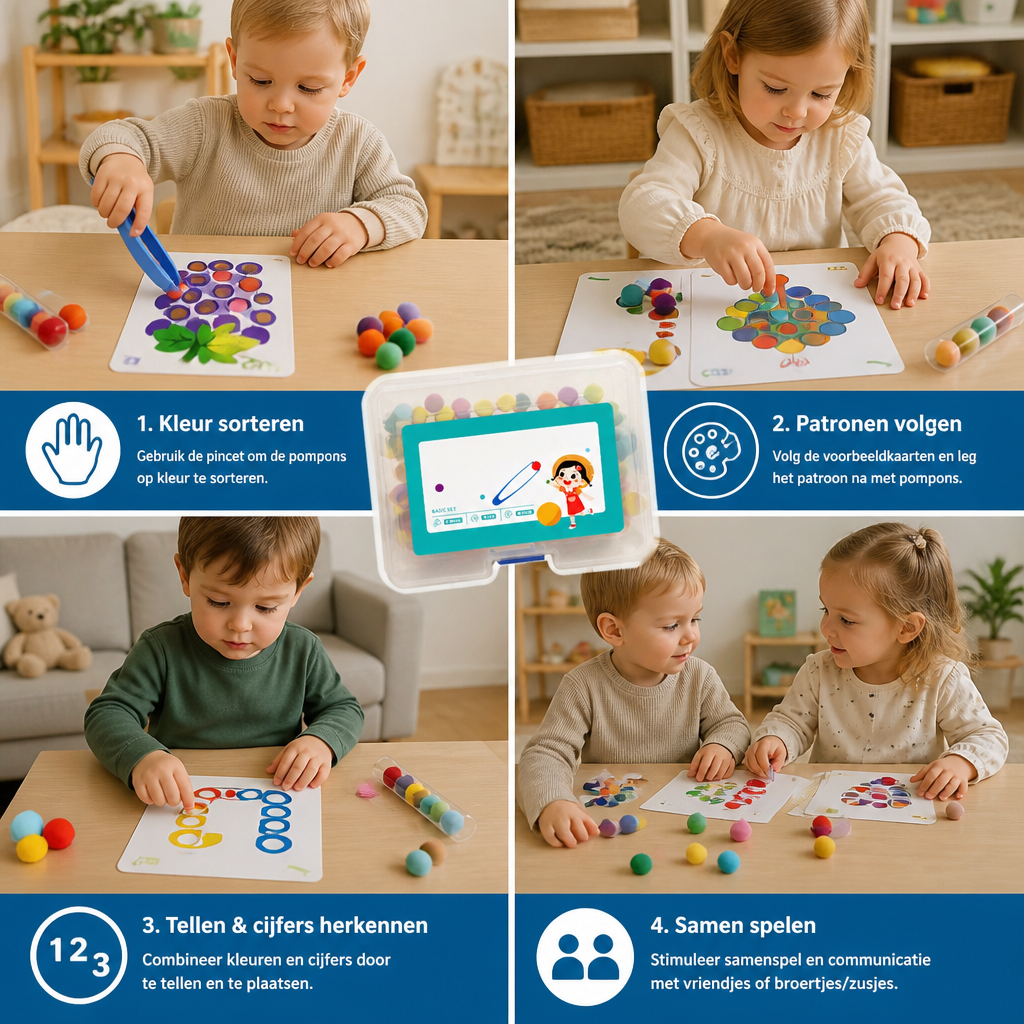 Montessori Pompons Kleur- & Cijferspel Voor Fijne Motoriek