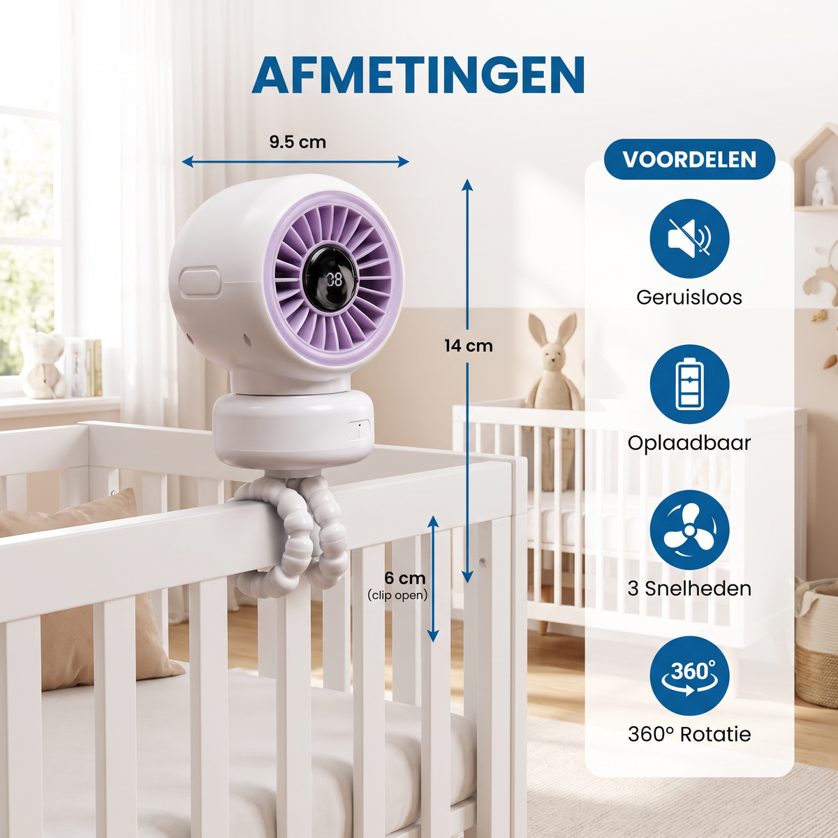 Draagbare Clipventilator voor Kinderwagen, Bed en Dagelijks Gebruik