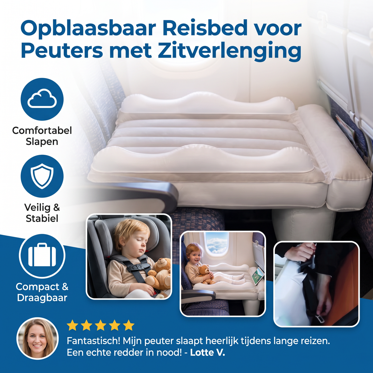 Opblaasbaar Reisbed voor Peuters met Zitverlenging voor Vliegtuig en Auto