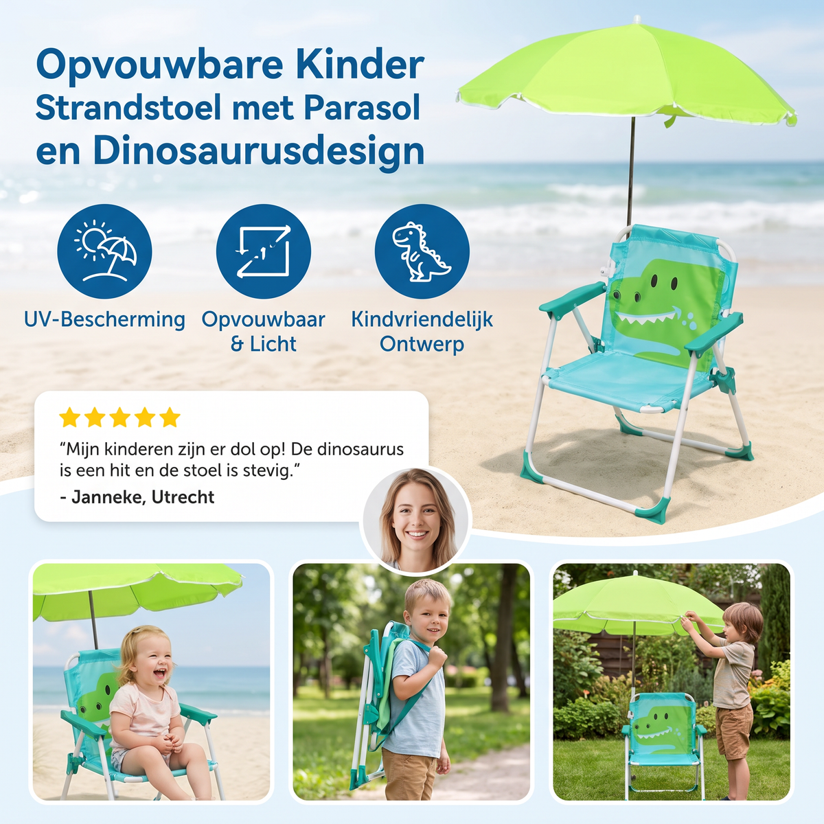Opvouwbare Kinder Strandstoel met Parasol en Dinosaurusdesign