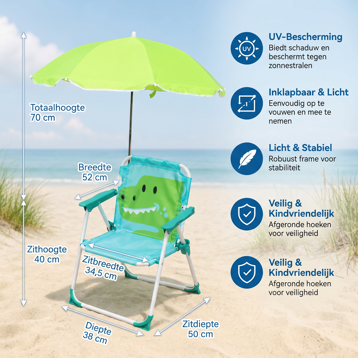 Opvouwbare Kinder Strandstoel met Parasol en Dinosaurusdesign