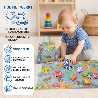 Zacht Terugtrekauto Speelset met Opvouwbare Speelmat en Draagtas