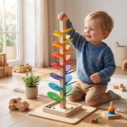 Montessori regenboog knikkerhouten toren