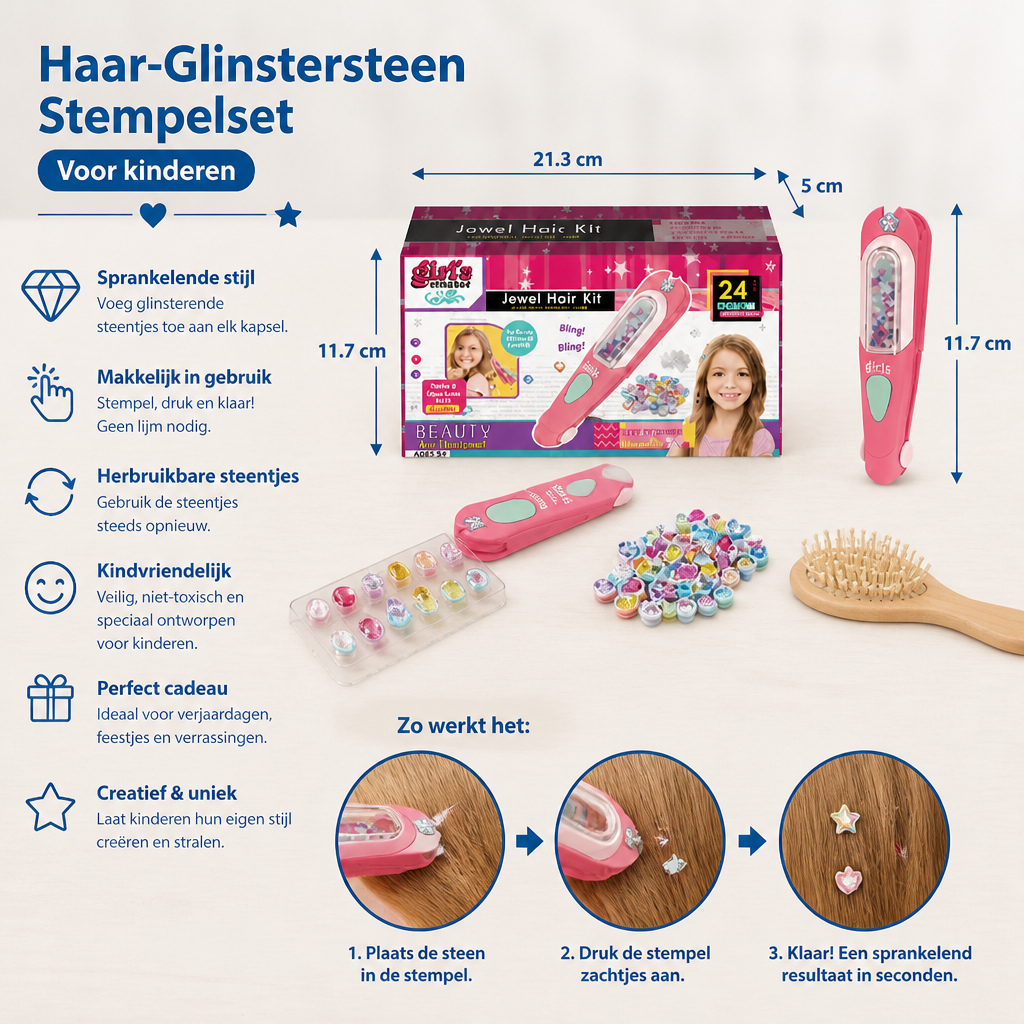 Haar-Glinstersteen Stempelset Voor Kinderen – Stylingkit Met Herbruikbare Strasssteentjes