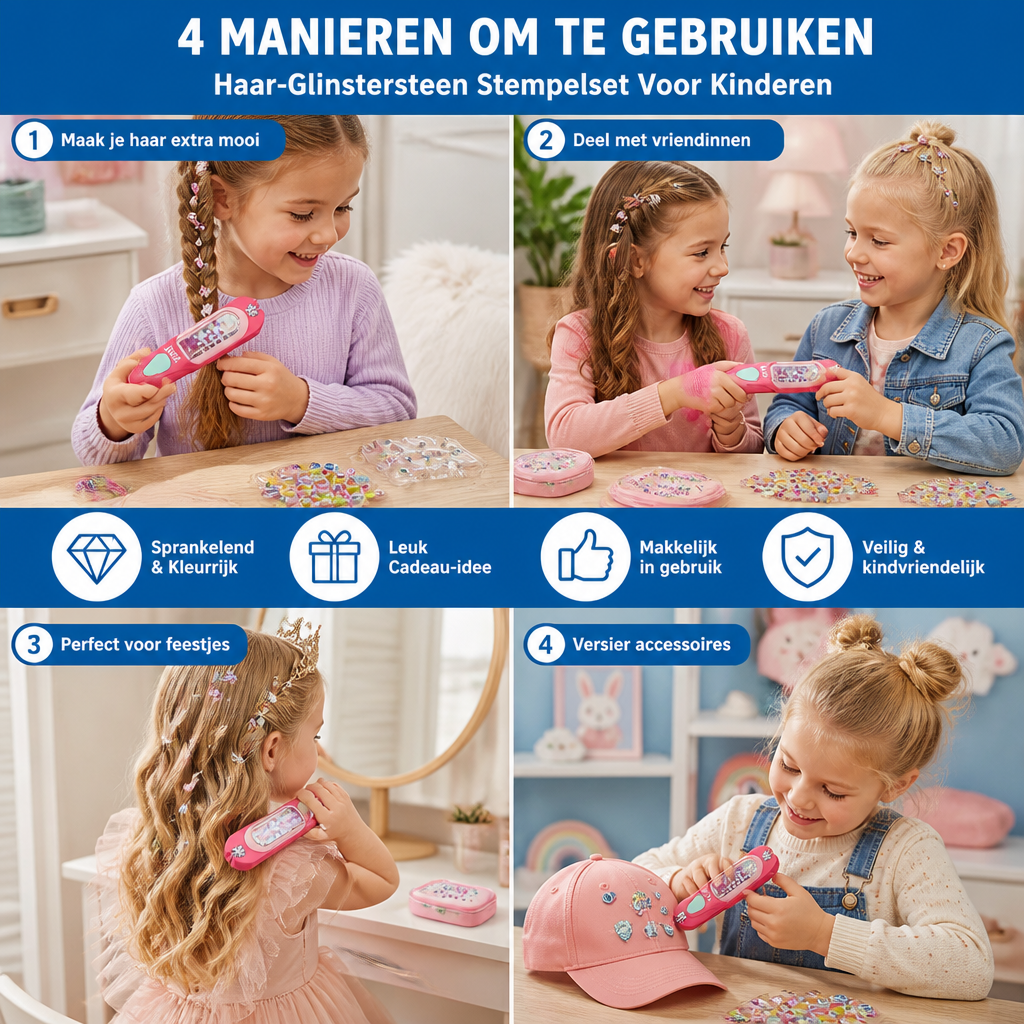 Haar-Glinstersteen Stempelset Voor Kinderen – Stylingkit Met Herbruikbare Strasssteentjes