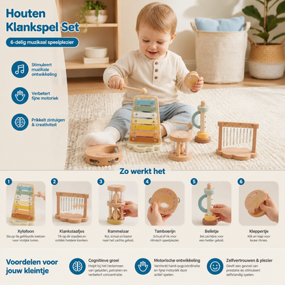 Baby Houten Klankspel Set – 6-Delig Sensorisch Muziek- & Klankspeelgoed