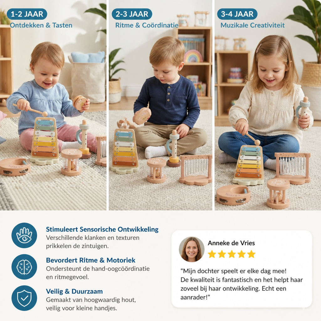 Baby Houten Klankspel Set – 6-Delig Sensorisch Muziek- & Klankspeelgoed