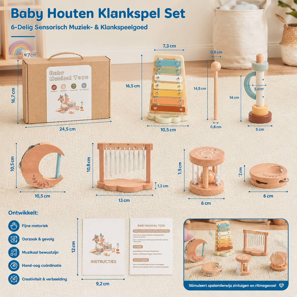 Baby Houten Klankspel Set – 6-Delig Sensorisch Muziek- & Klankspeelgoed