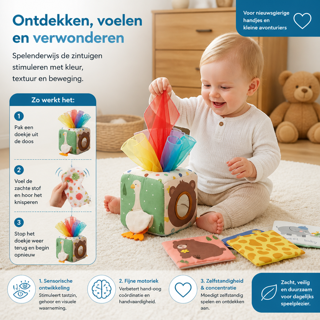 Montessori Baby Sensorische Doekjesdoos – Zacht Knisper- & Voelspel