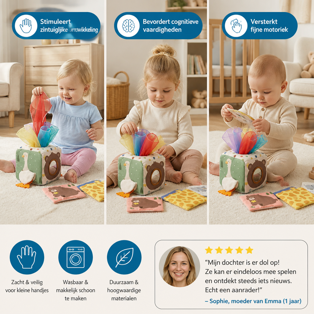 Montessori Baby Sensorische Doekjesdoos – Zacht Knisper- & Voelspel