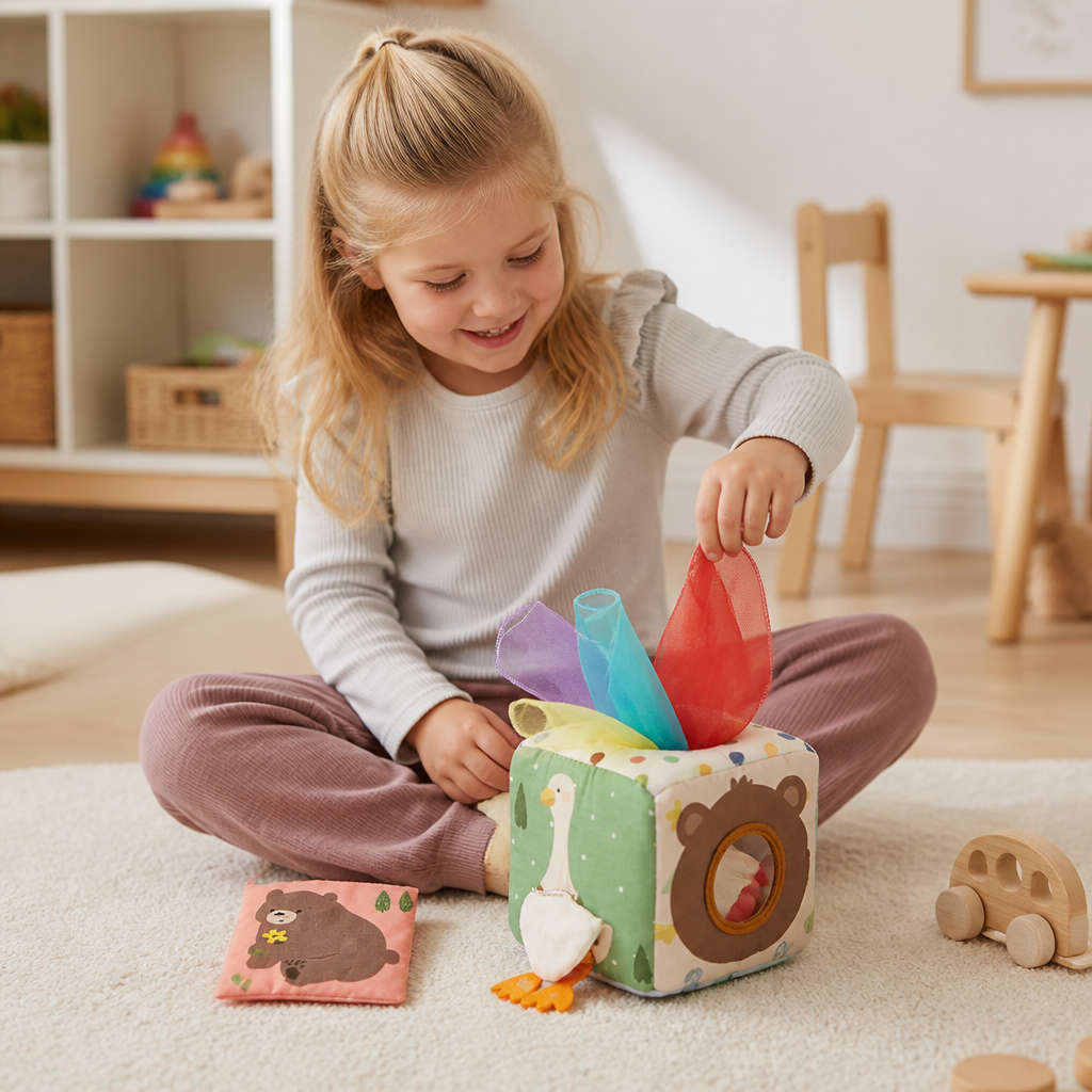 Montessori Baby Sensorische Doekjesdoos – Zacht Knisper- & Voelspel