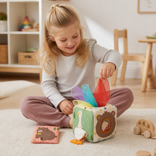 Montessori Baby Sensorische Doekjesdoos – Zacht Knisper- & Voelspel