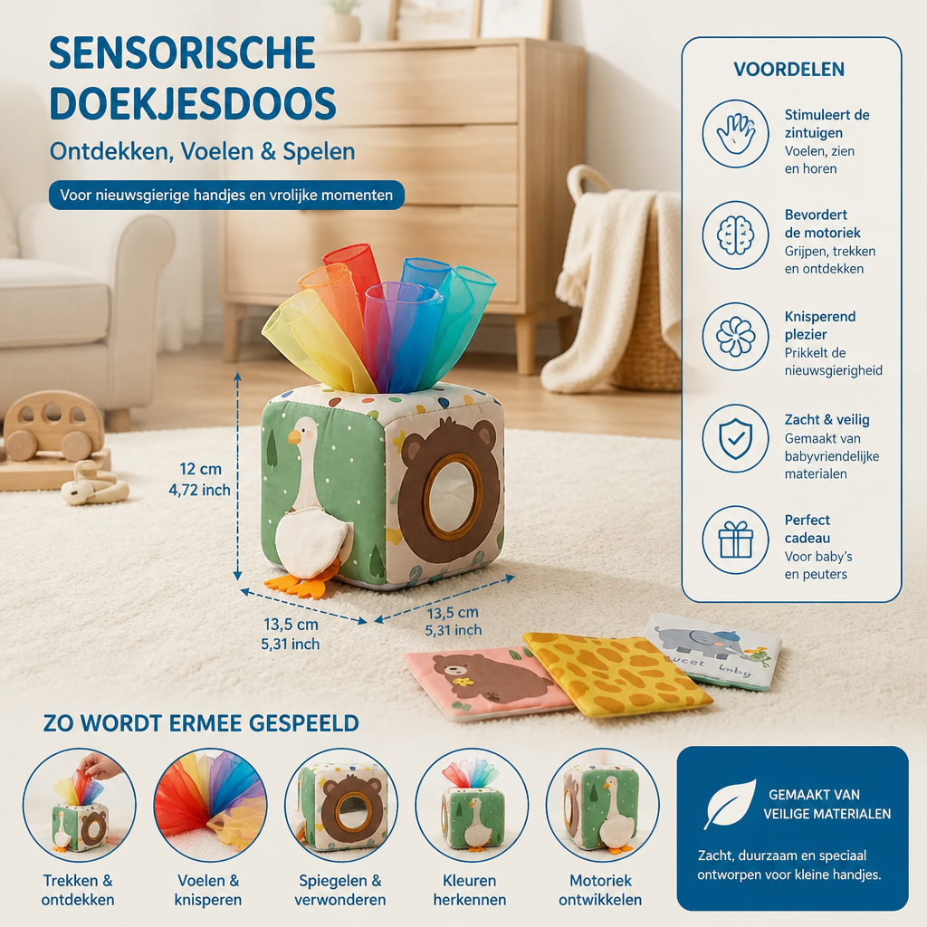Montessori Baby Sensorische Doekjesdoos – Zacht Knisper- & Voelspel