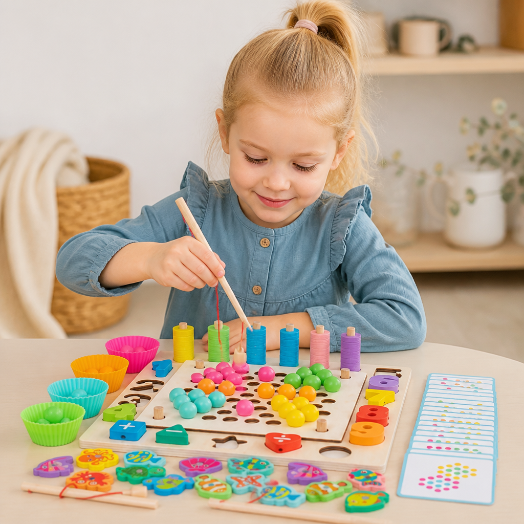 Montessori 6-in-1 Hengelspel Van Hout – Leerspel Voor Getallen, Kleuren & Fijne Motoriek