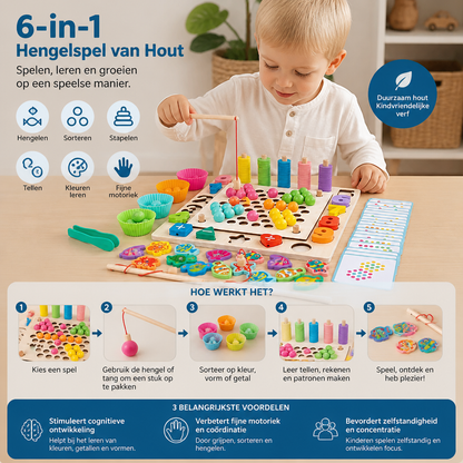 Montessori 6-in-1 Hengelspel Van Hout – Leerspel Voor Getallen, Kleuren & Fijne Motoriek