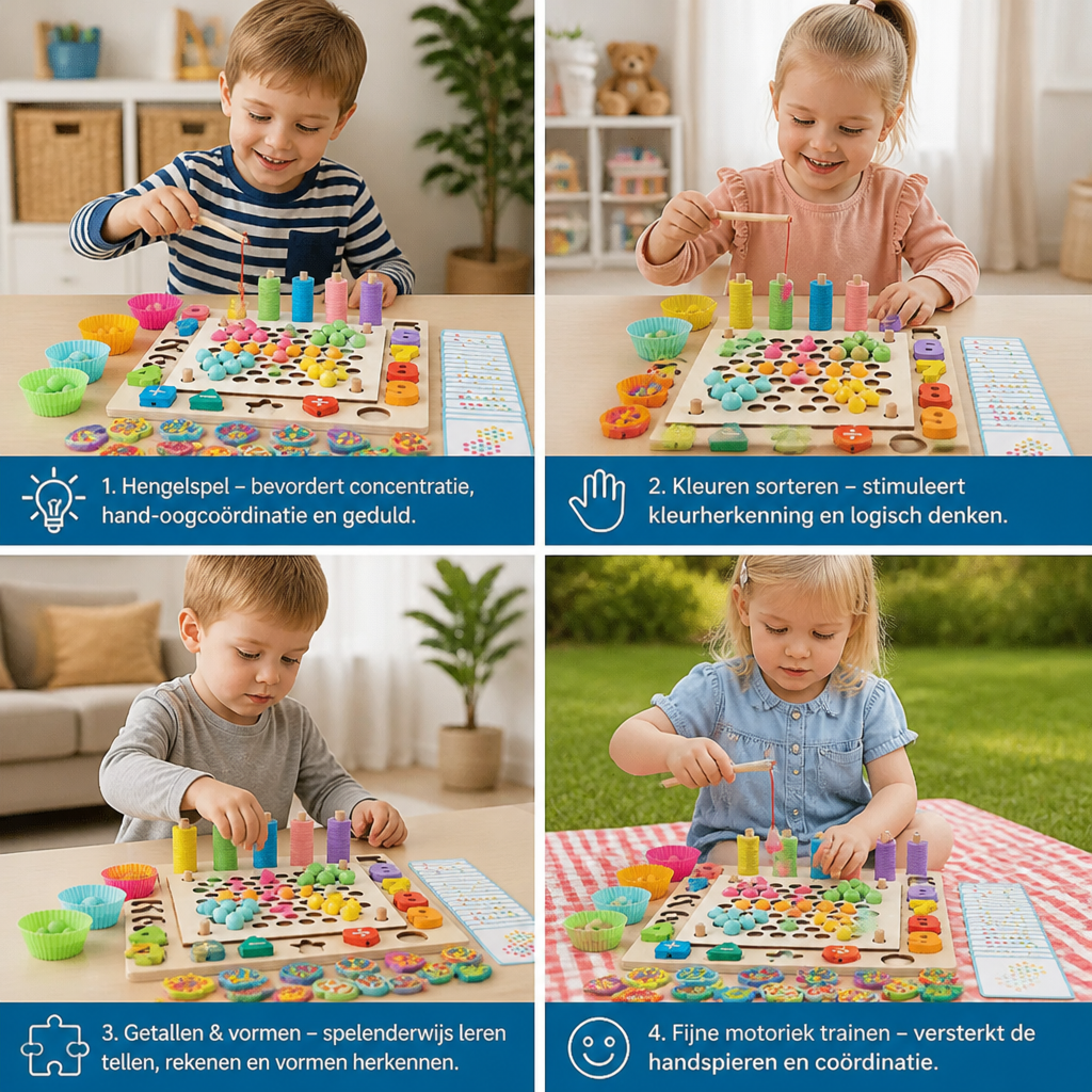 Montessori 6-in-1 Hengelspel Van Hout – Leerspel Voor Getallen, Kleuren & Fijne Motoriek