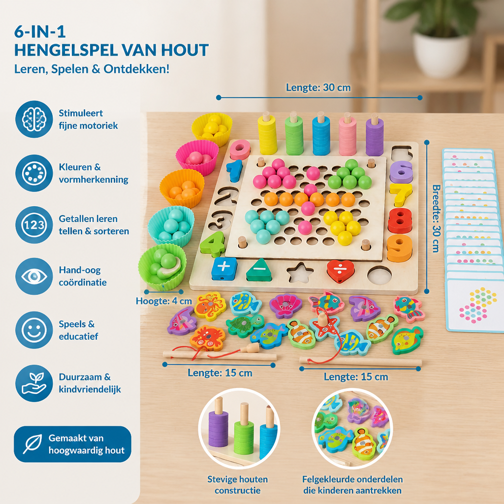 Montessori 6-in-1 Hengelspel Van Hout – Leerspel Voor Getallen, Kleuren & Fijne Motoriek
