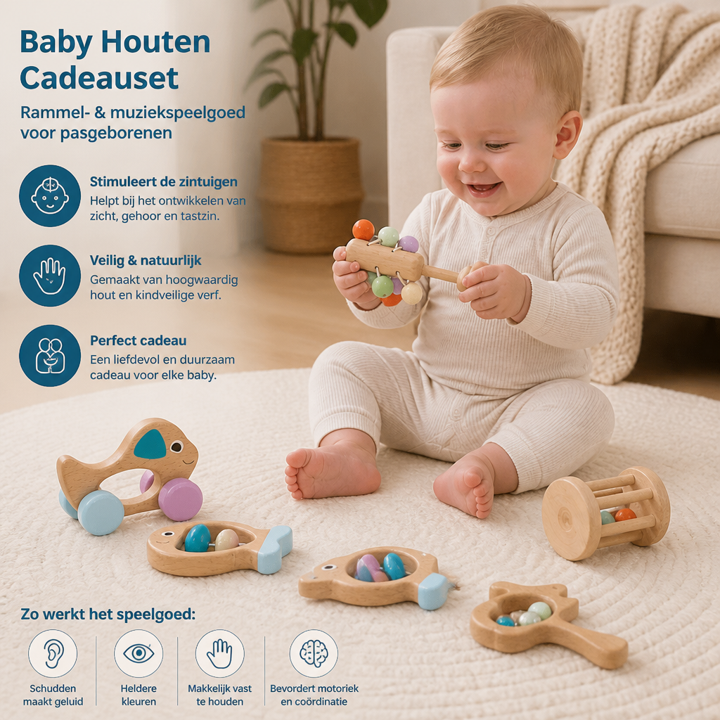 Baby Houten Cadeauset – Rammel- & Muziekspeelgoed Voor Pasgeborenen