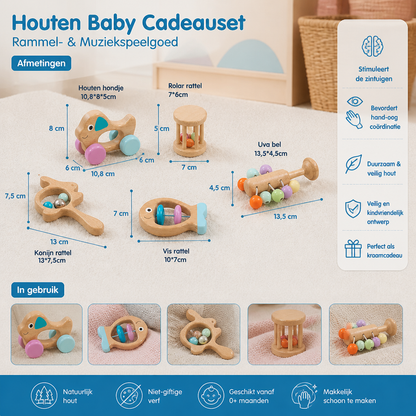 Baby Houten Cadeauset – Rammel- & Muziekspeelgoed Voor Pasgeborenen