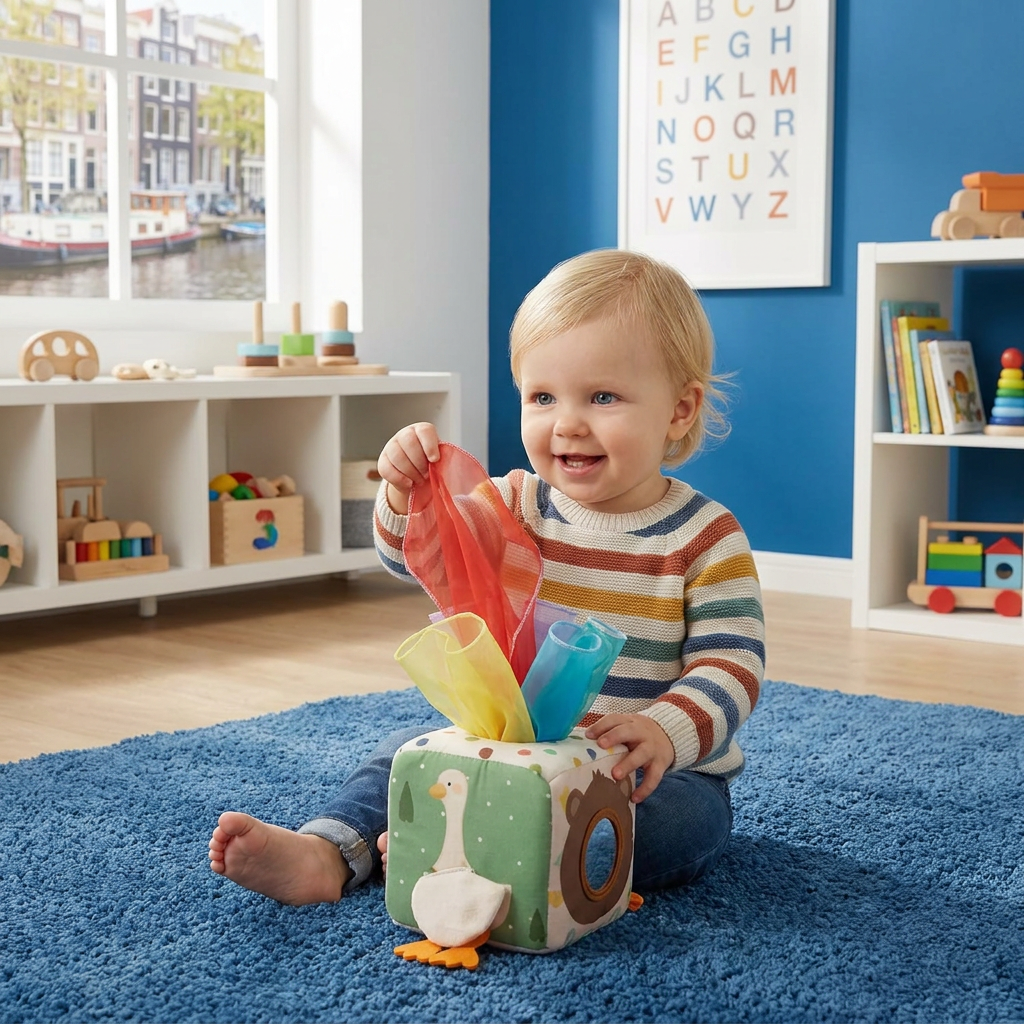 Montessori Baby Sensorische Doekjesdoos – Zacht Knisper- & Voelspel