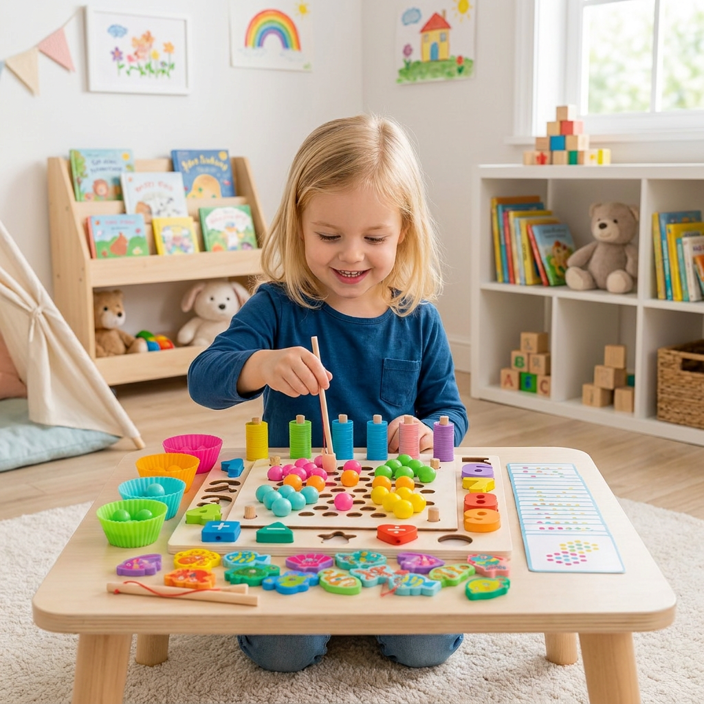 Montessori 6-in-1 Hengelspel Van Hout – Leerspel Voor Getallen, Kleuren & Fijne Motoriek
