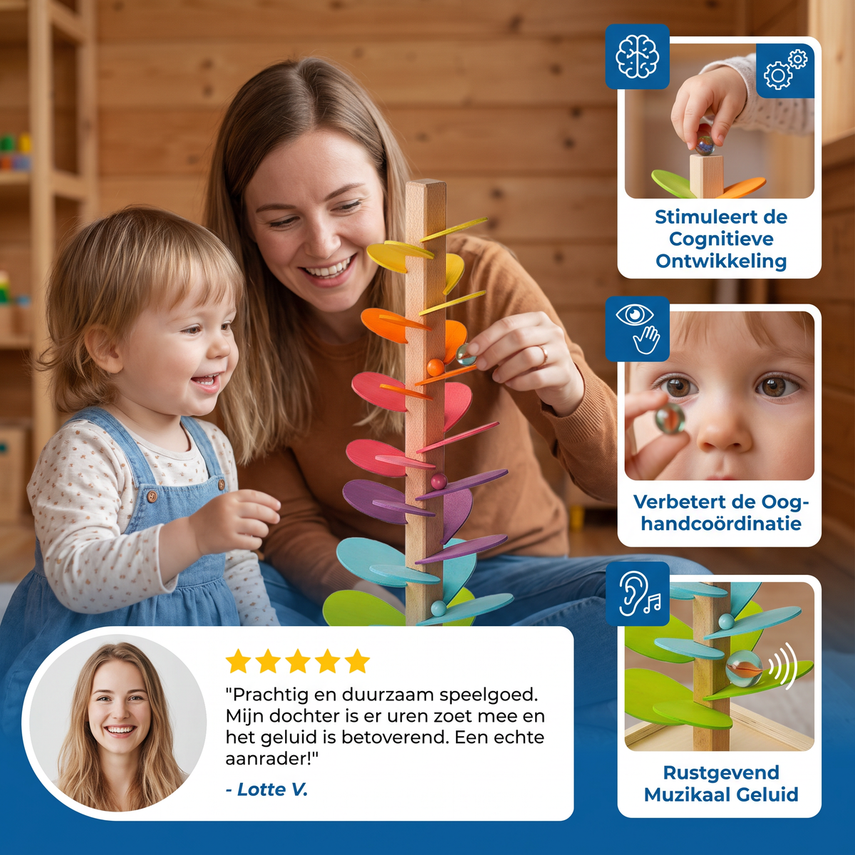 Montessori regenboog knikkerhouten toren