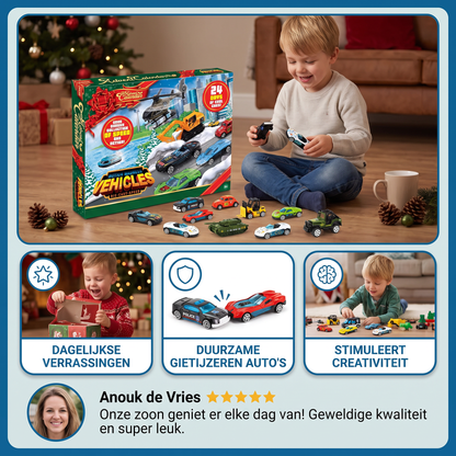 Kerst-adventskalender met gietijzeren auto's voor kinderen