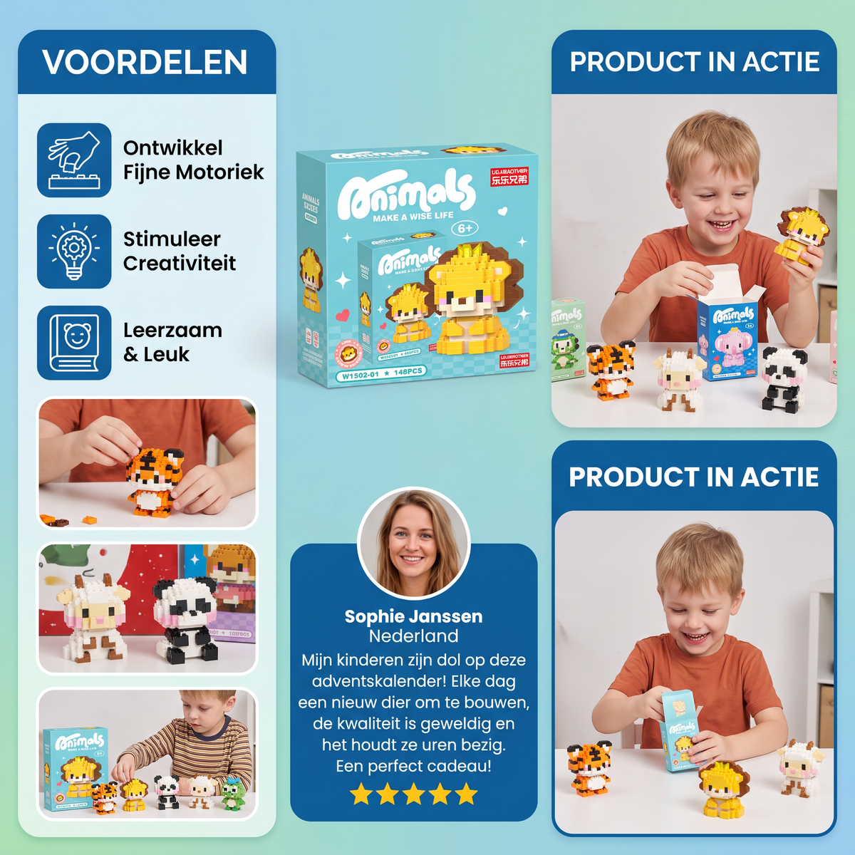 Schattige adventskalender met dierenbouwstenen voor kinderen
