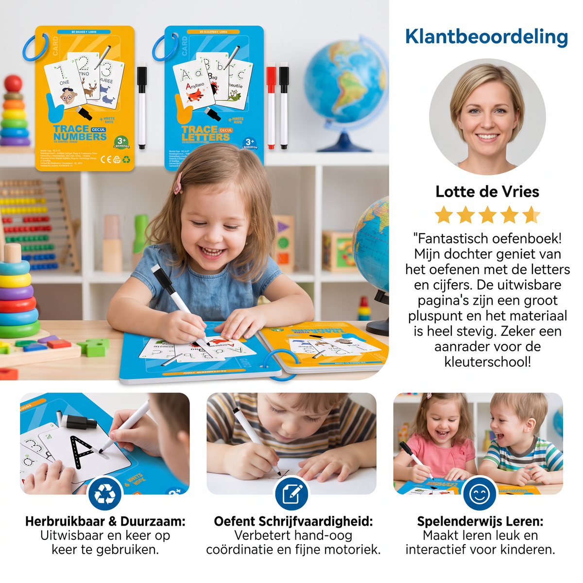 Herbruikbaar cijfer- en letteroefenboek voor kinderen