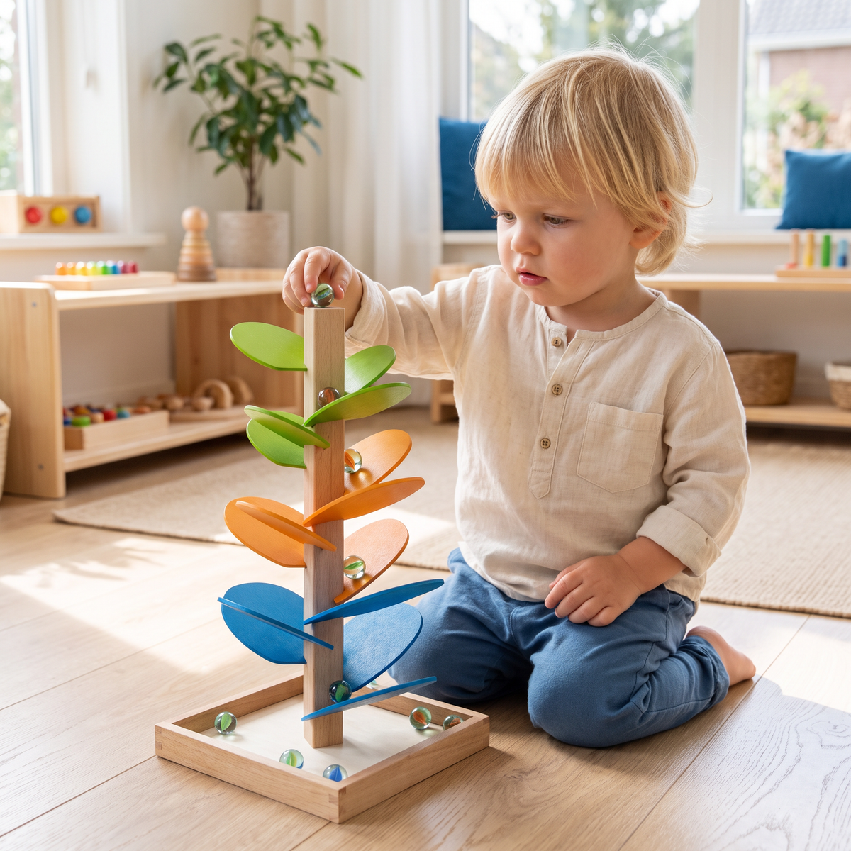 Montessori regenboog knikkerhouten toren